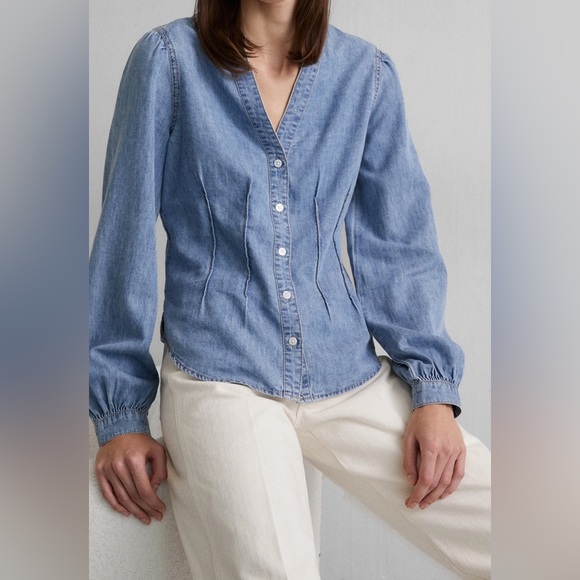 Veronica Beard Tops - Veronica Beard Sedona Chambray Denim Blouse Sz 4 Quiet Luxury Coastal Feminine